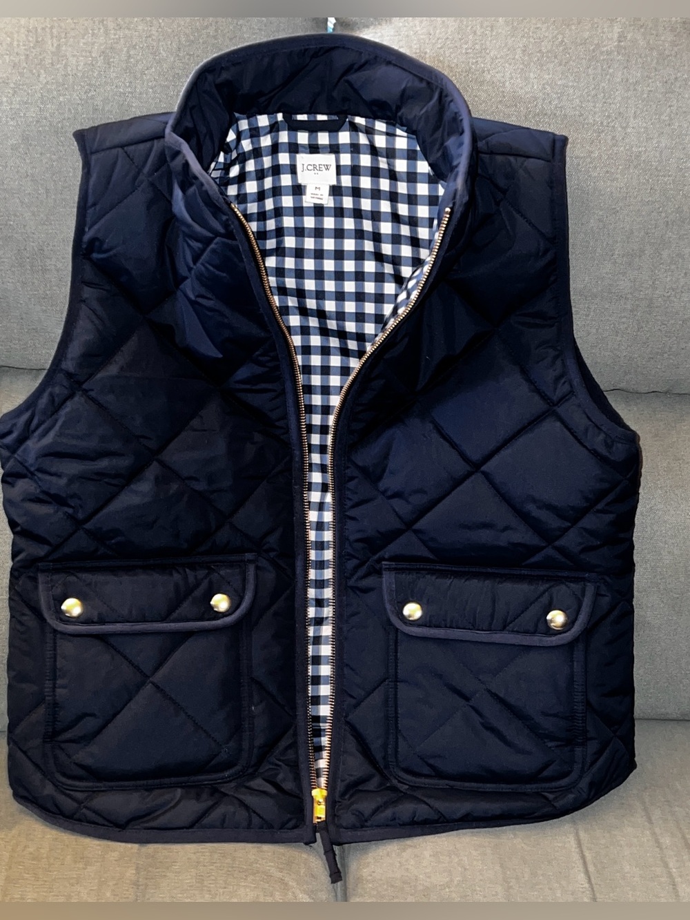 J.CREW Navy Puffer Vest w Gold Accents & Gingham Lining